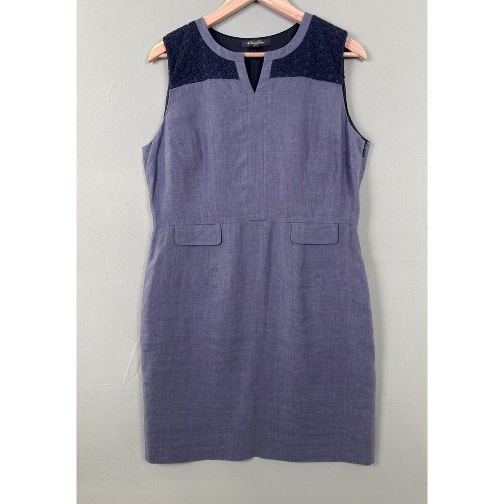 BROOKS BROTHERS women's 100% LINEN BLUE EMBROIDERED YOKE SLEEVELESS DRESS 14P
